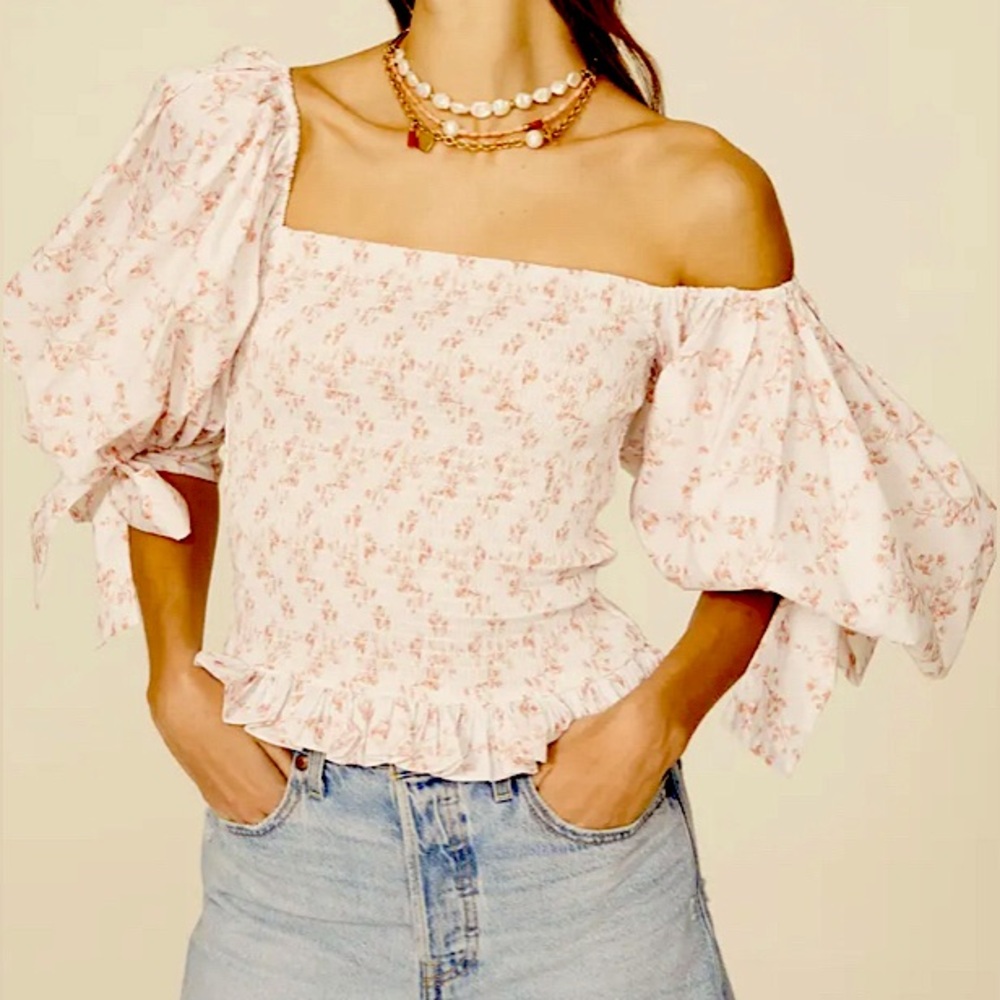 Caroline Constas blush and Off White Puff Sleeve Off Shoulder Floral Smock Top/M